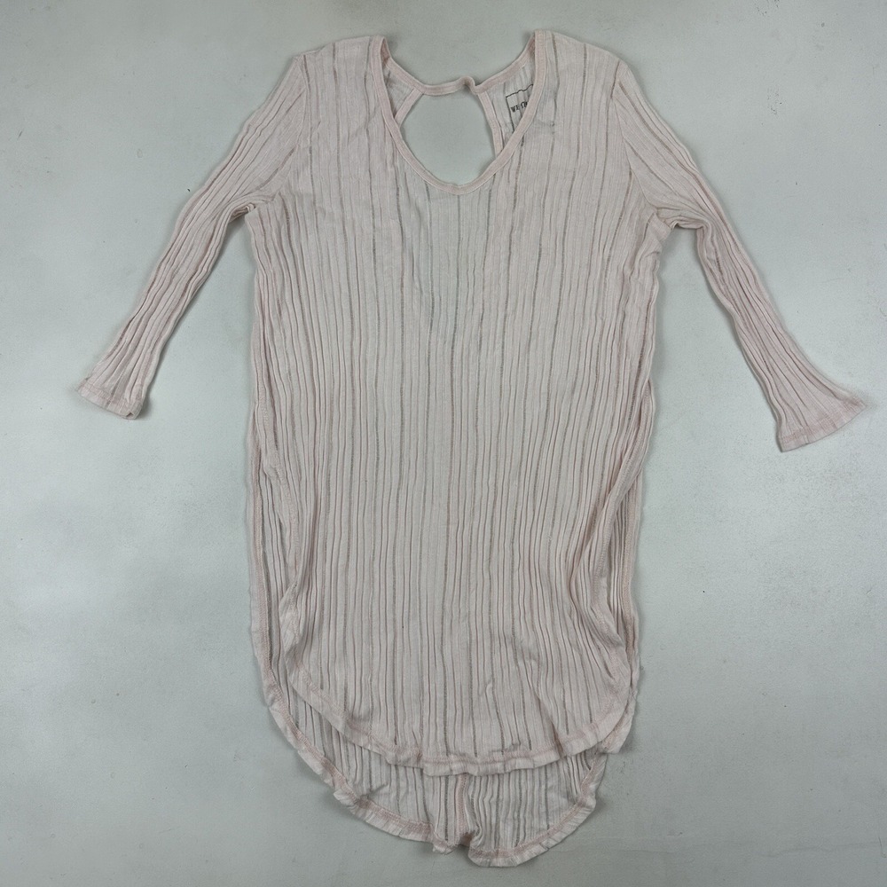 FREE PEOPLE We The Free Astoria Light Pink Ribbed Side Slit Tee Sz S 3/4 Sleeve - Picture 3 of 5